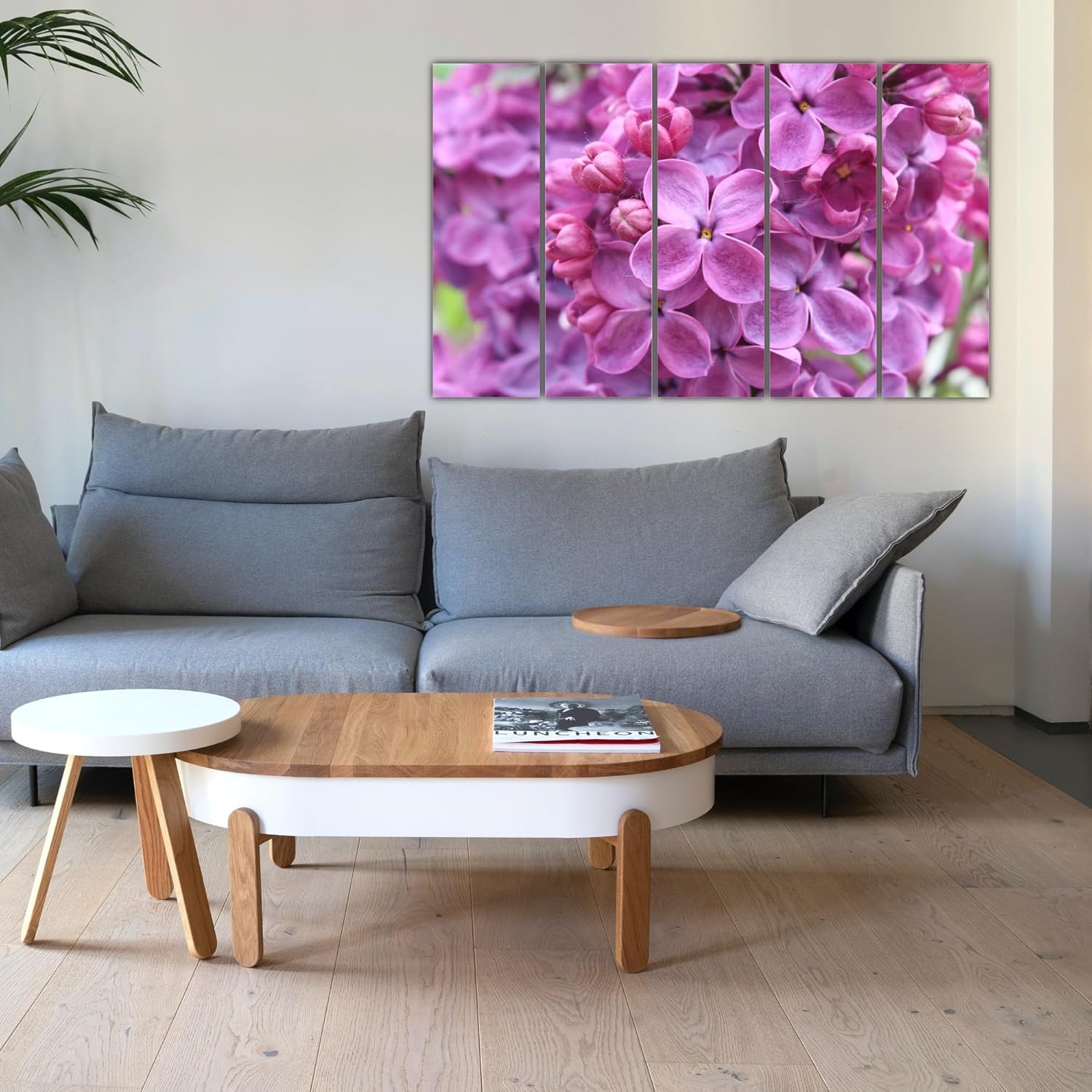 Bloom On Command: Lilac-tastic Photography Framed Wall Art displayed above a sofa for home decor.
