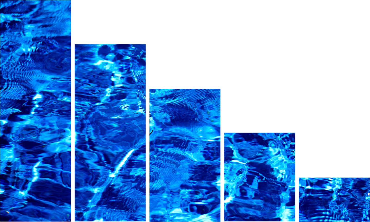 Image of "Water you waiting for? Splash-tastic Framed Abstract Wall Art" showcasing five blue water-inspired panels on a living room wall.