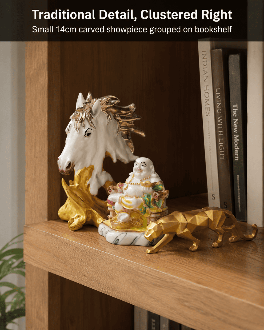small traditional resin showpiece on bookshelf