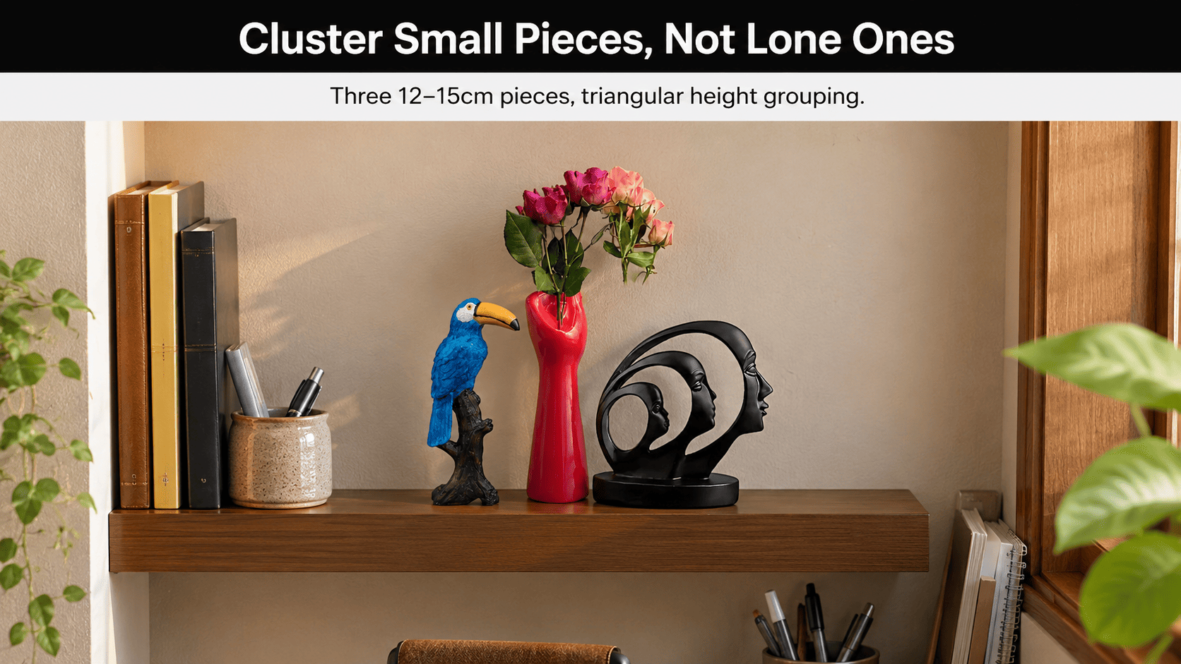 small decorative pieces clustered on a floating shelf