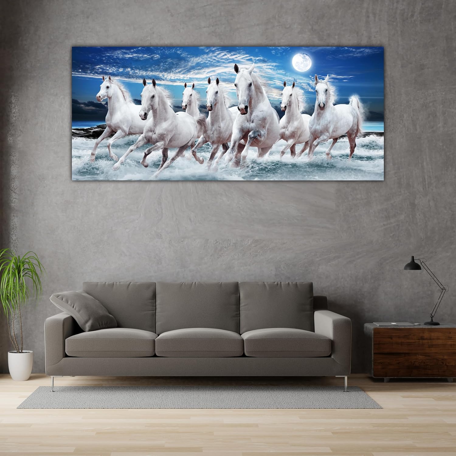 Gallop Into Prosperity: 7 Horse Vastu Canvas That'll Stampede Joy - Framed Wall Art (85x40.5cm)