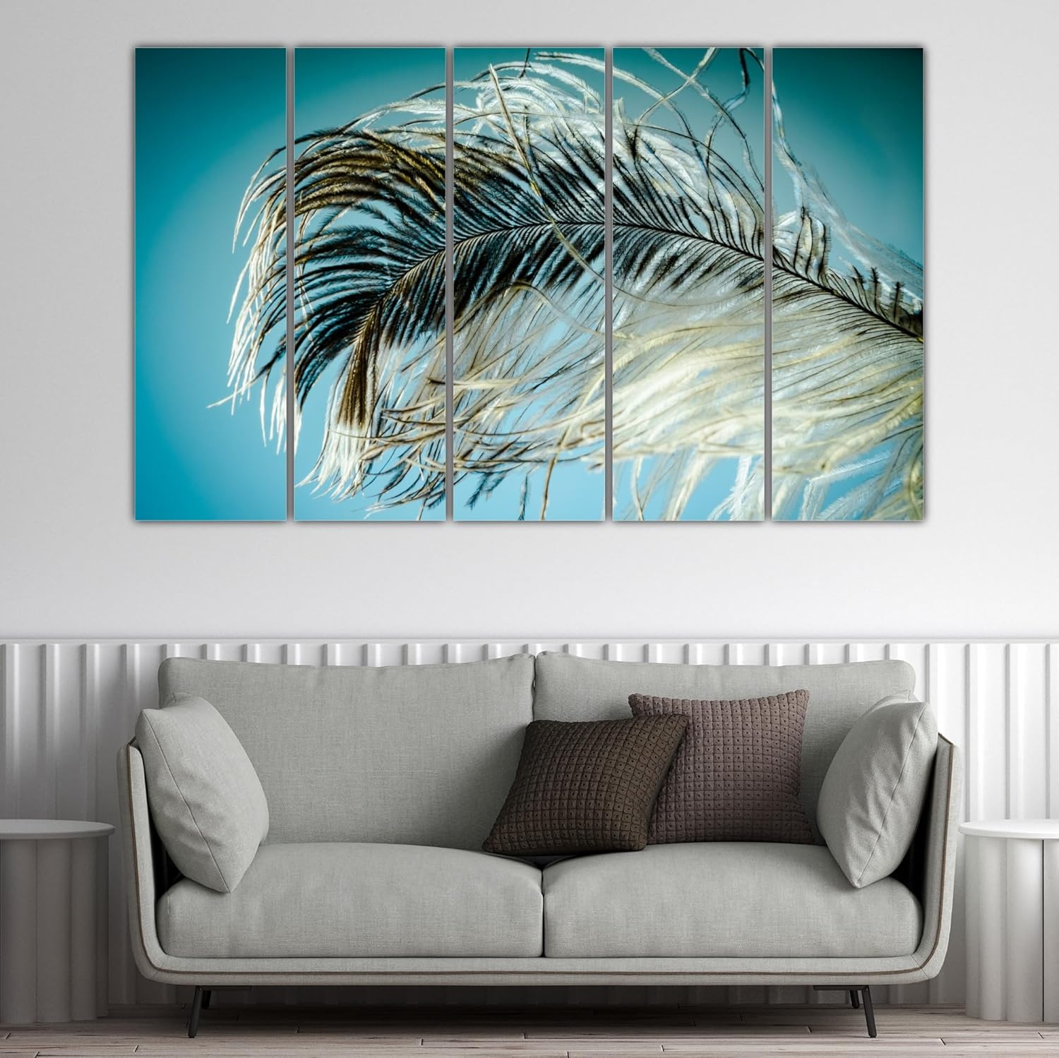 Close-up of the 5-panel multicolour peacock feather framed Wall Art, highlighting splash-proof printed MDF.