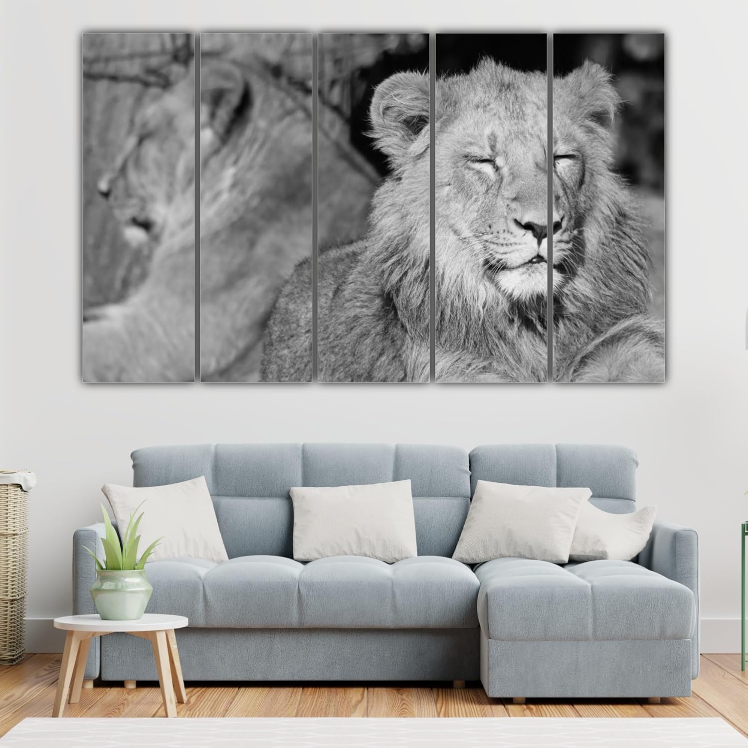 Front view of the 5-panel Lilys Mane-tastic Framed Wall Art That Roars Royalty displayed on a living room wall.