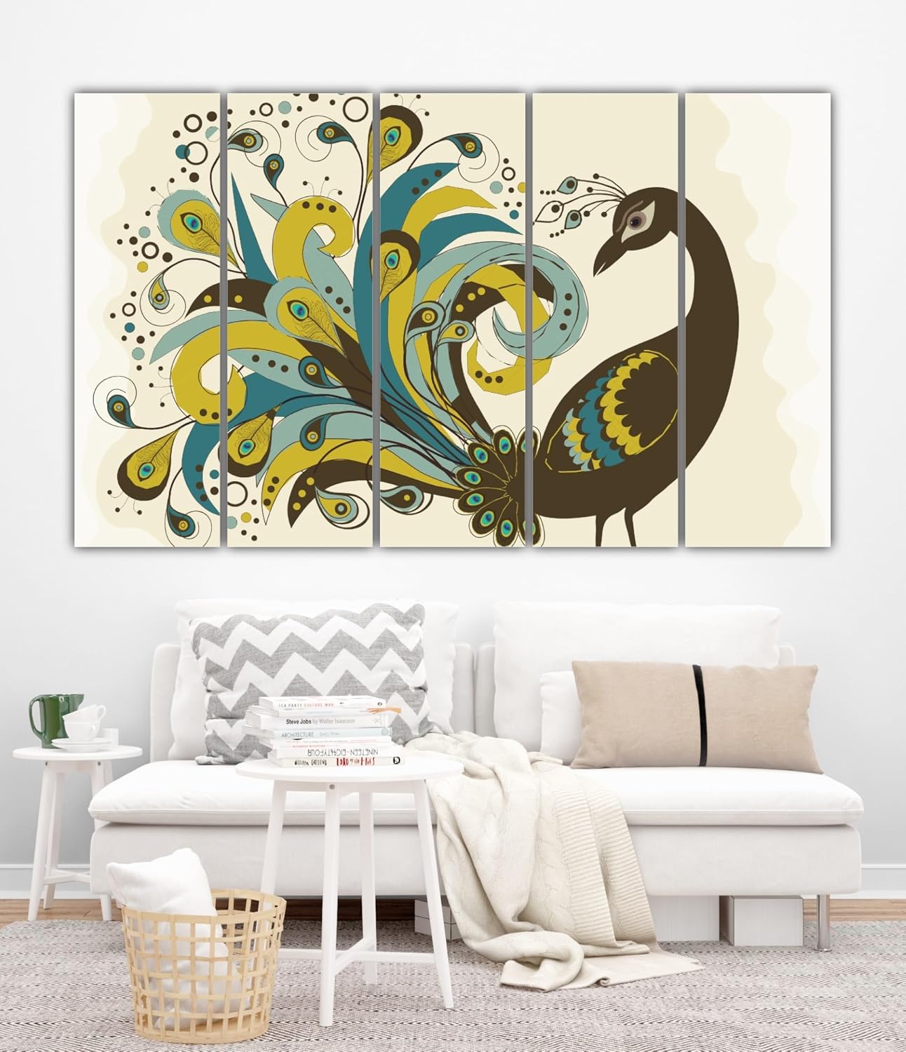 Side view of multi-panel peacock masterpiece styled as framed Wall Art with vivid colours.
