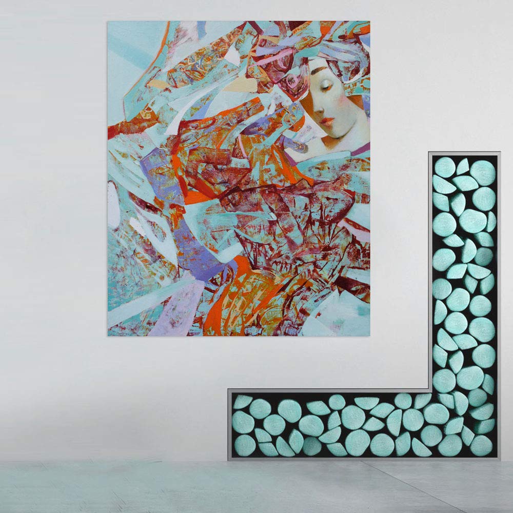 Shatter the Ordinary: Unframed Woman Abstract Wall Art hanging above a cozy sofa in a living room.
