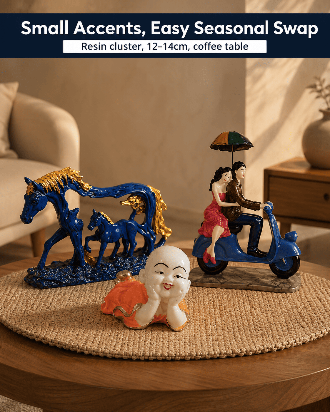 cluster of small resin decor pieces on coffee table