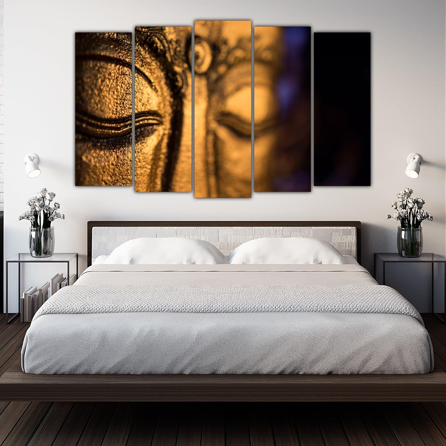 Close-up of vivid colors on the 5-panel framed Buddha Wall Art
