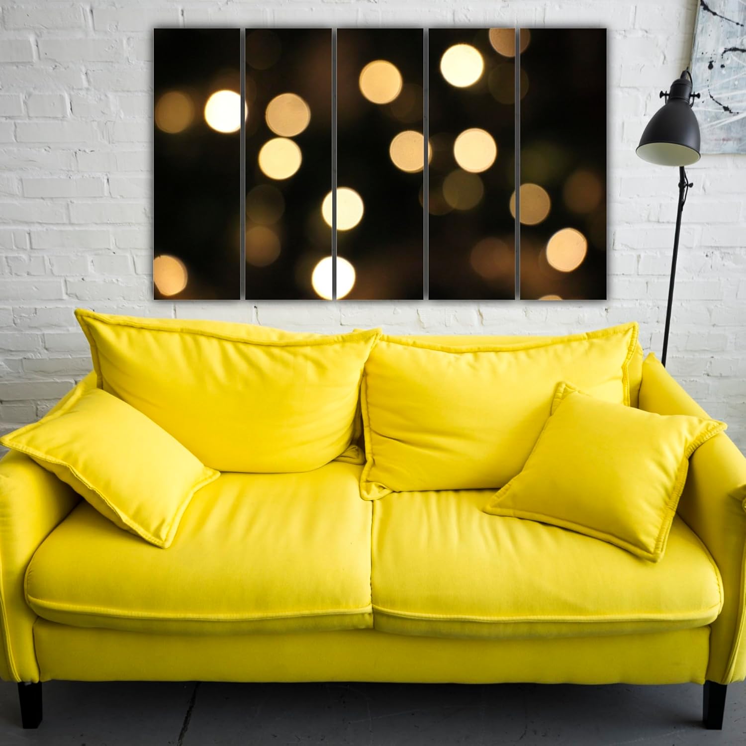 Front view of Glow-tastic 5-Panel Framed Photography Wall Art That Lights Up Any Room (127x76cm) mounted above a sofa.