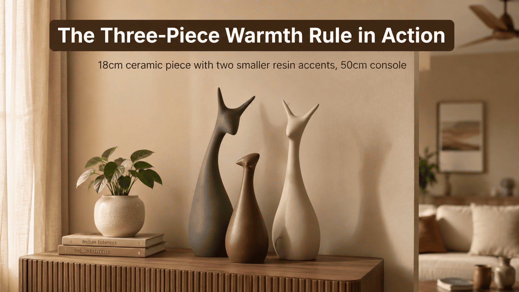 three decor pieces of varying height on a living room console