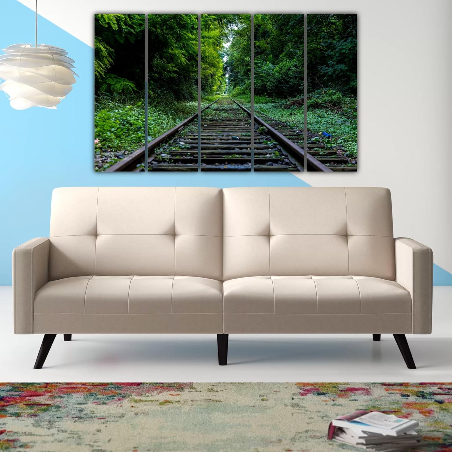 Detail shot of Track Down Style: 5-Panel Train Track Framed Wall Art That Goes the Distance (150x76cm) showing vibrant, splash-proof finish.