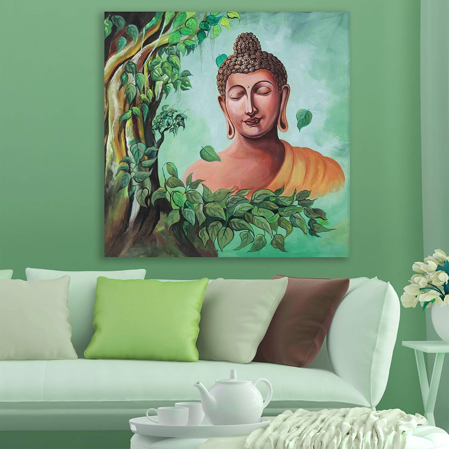 Namaste, Wall! Buddha Next to Tree Unframed Wall Art displayed in a cozy living room