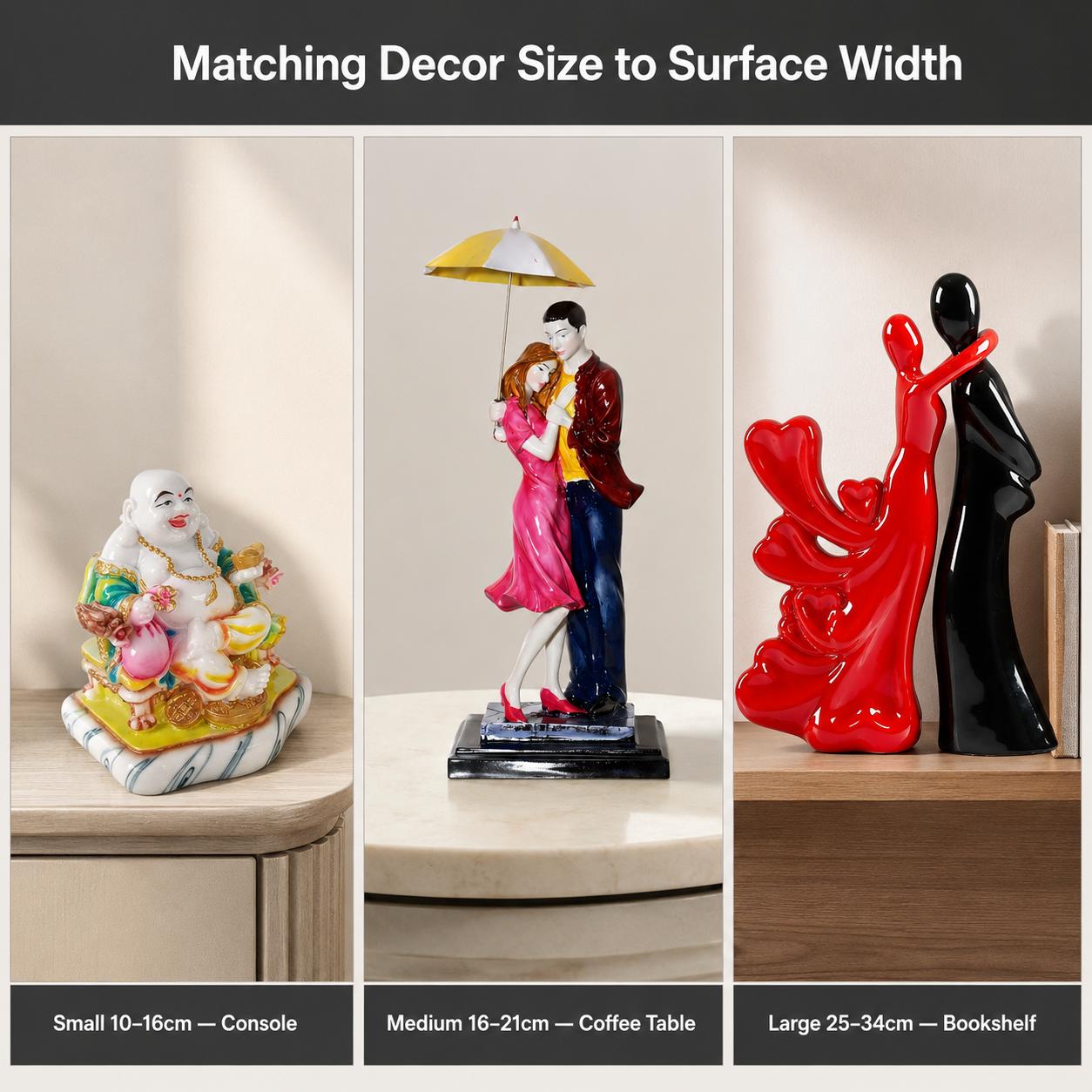 comparison grid of small medium large decor on different surfaces