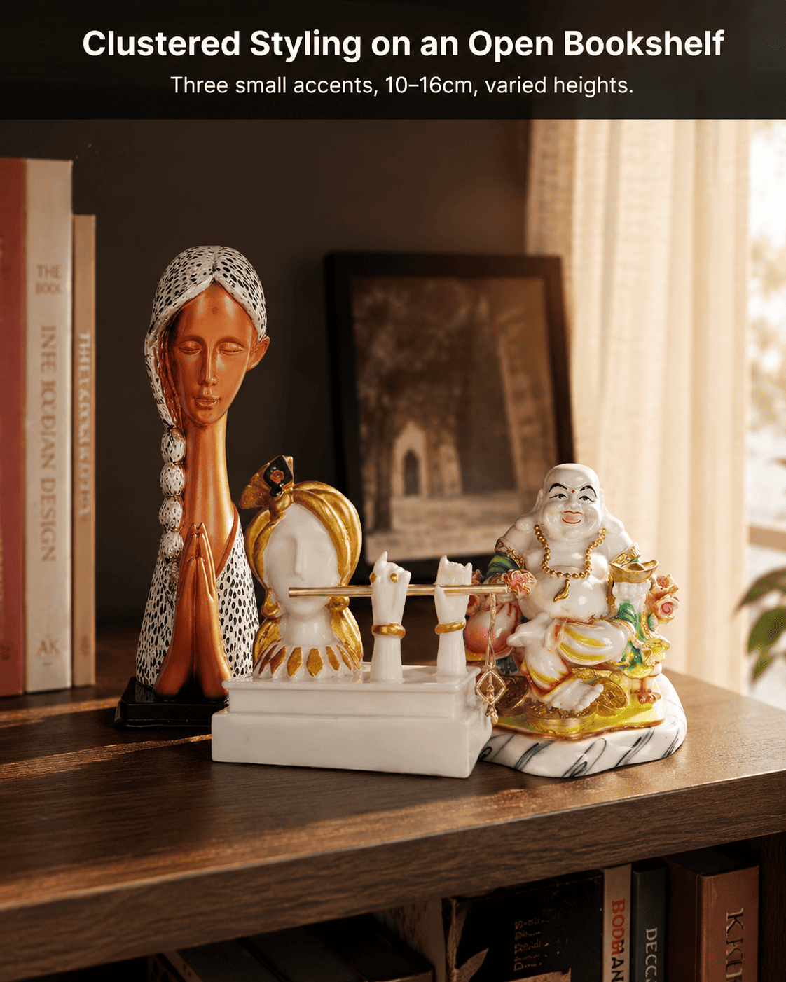 cluster of small decor accents on a bookshelf
