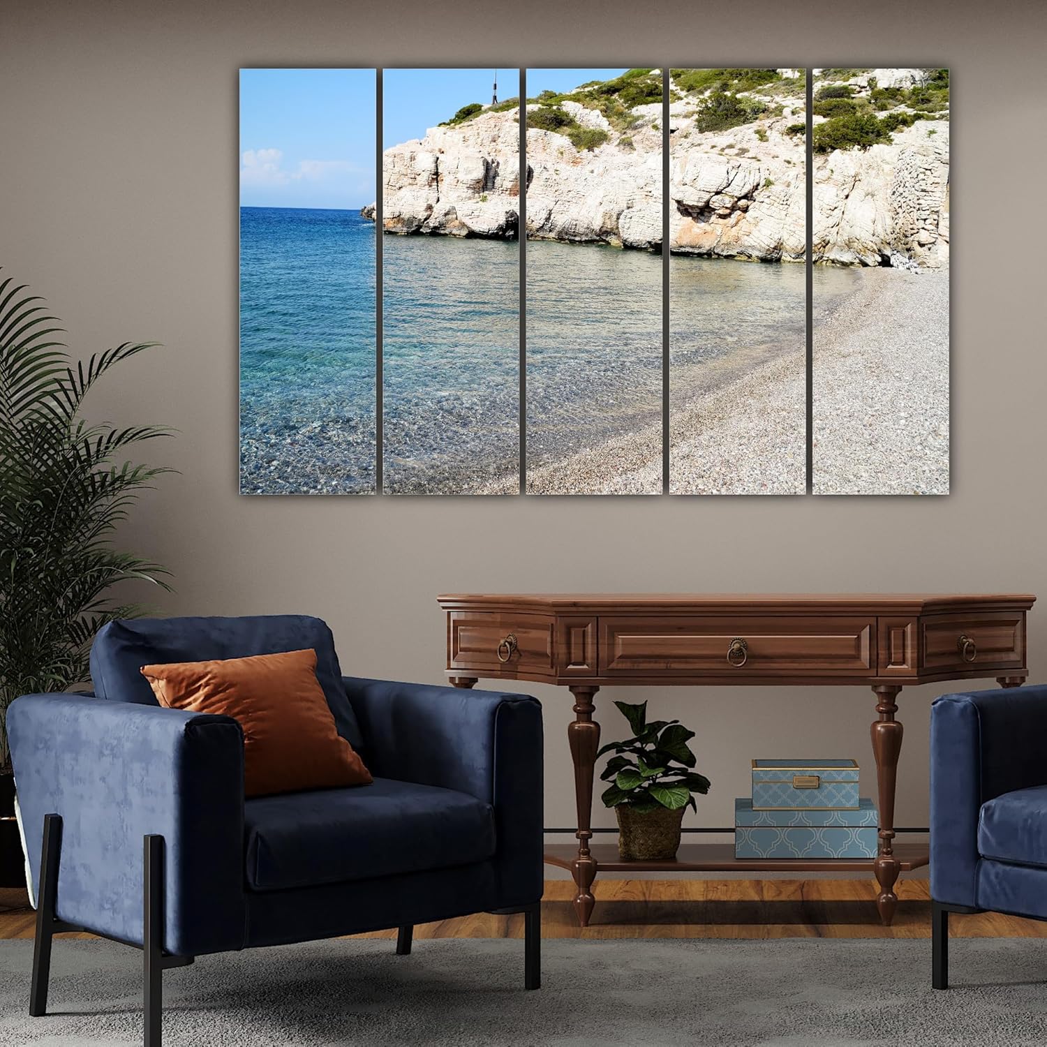 Close-up of the framed coastal Wall Art showcasing vivid sunlit waves and sandy shore details on wooden MDF.