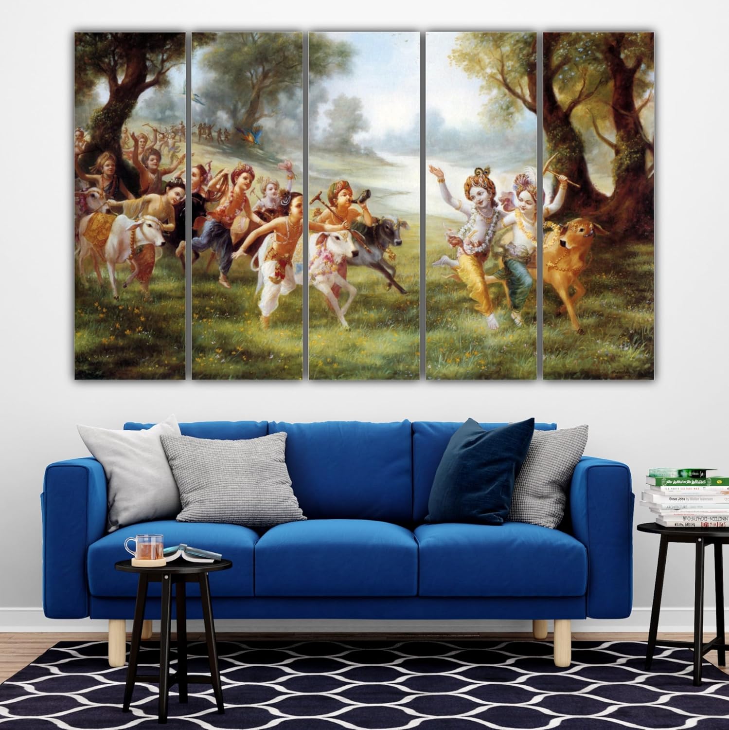 Full view of Gokul Groove: Framed Hindu Wall Art with Krishna & Balarama hanging in a modern living room