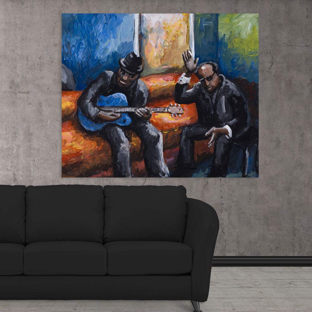 Music-tastic Unframed Abstract Wall Art to Strike a Chord displayed above a modern sofa