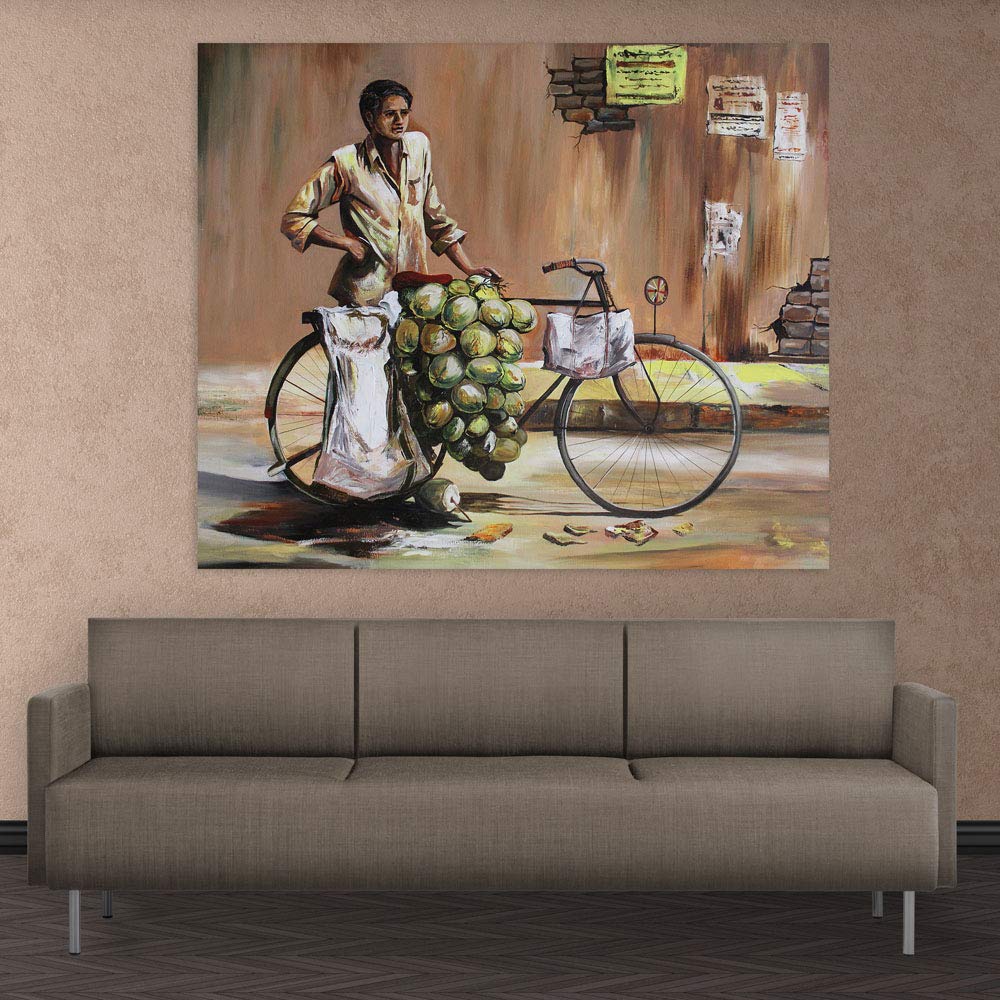 Unframed Coconut Man Wall Art featuring a street vendor carrying coconuts