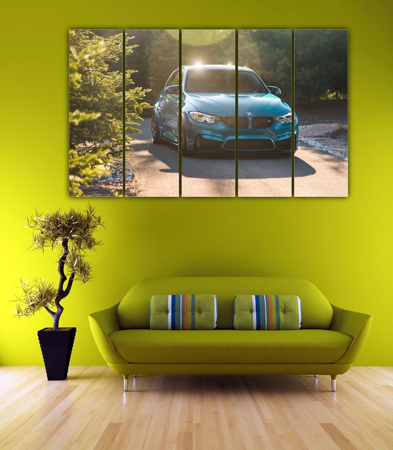 Close-up of vibrant car details in the multi-frame Car-nival on Your Wall Framed Car Transport Wall Art.