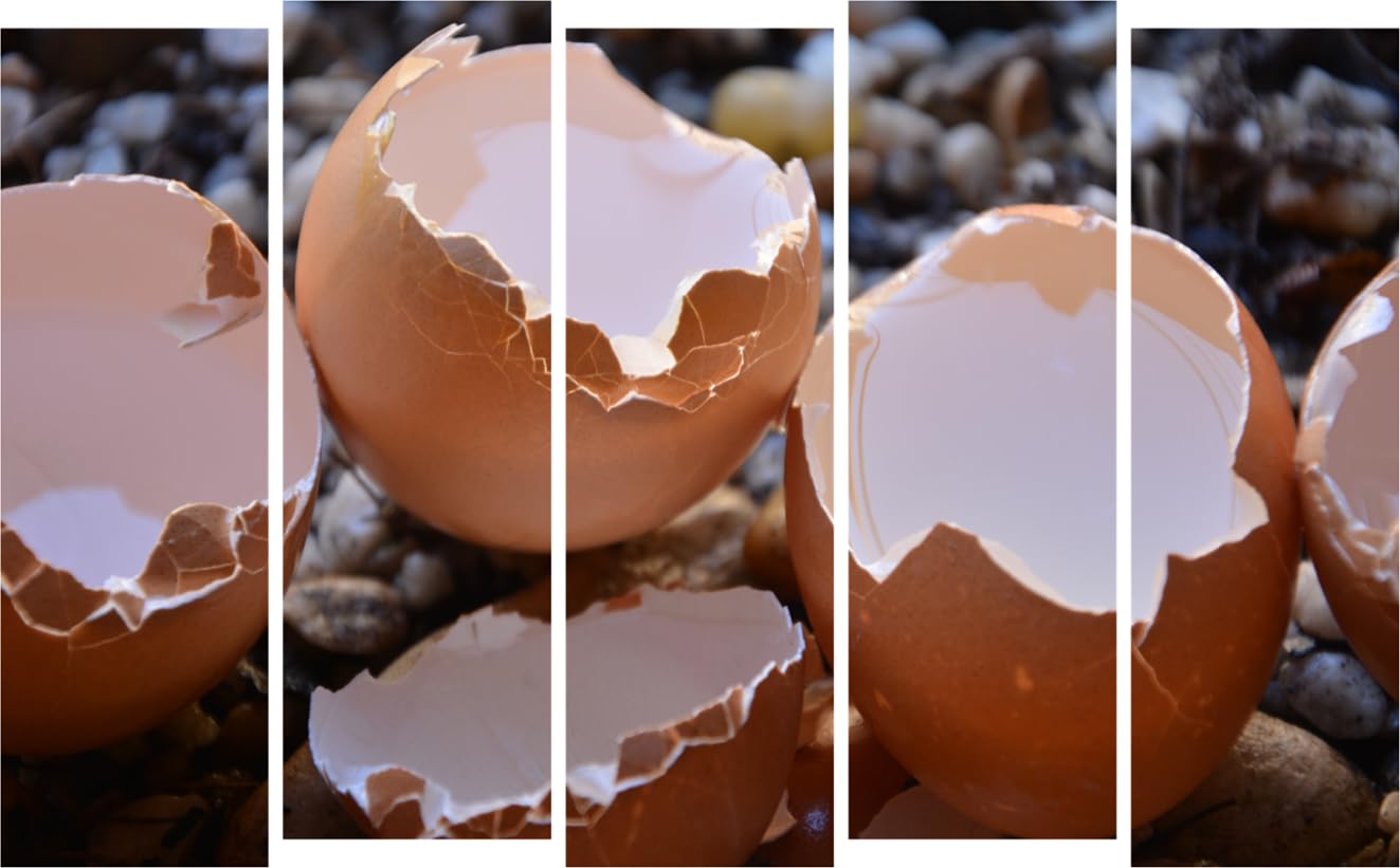 Side view of Egg-stravagant Broken Eggs Framed Wall Art in five-panel layout
