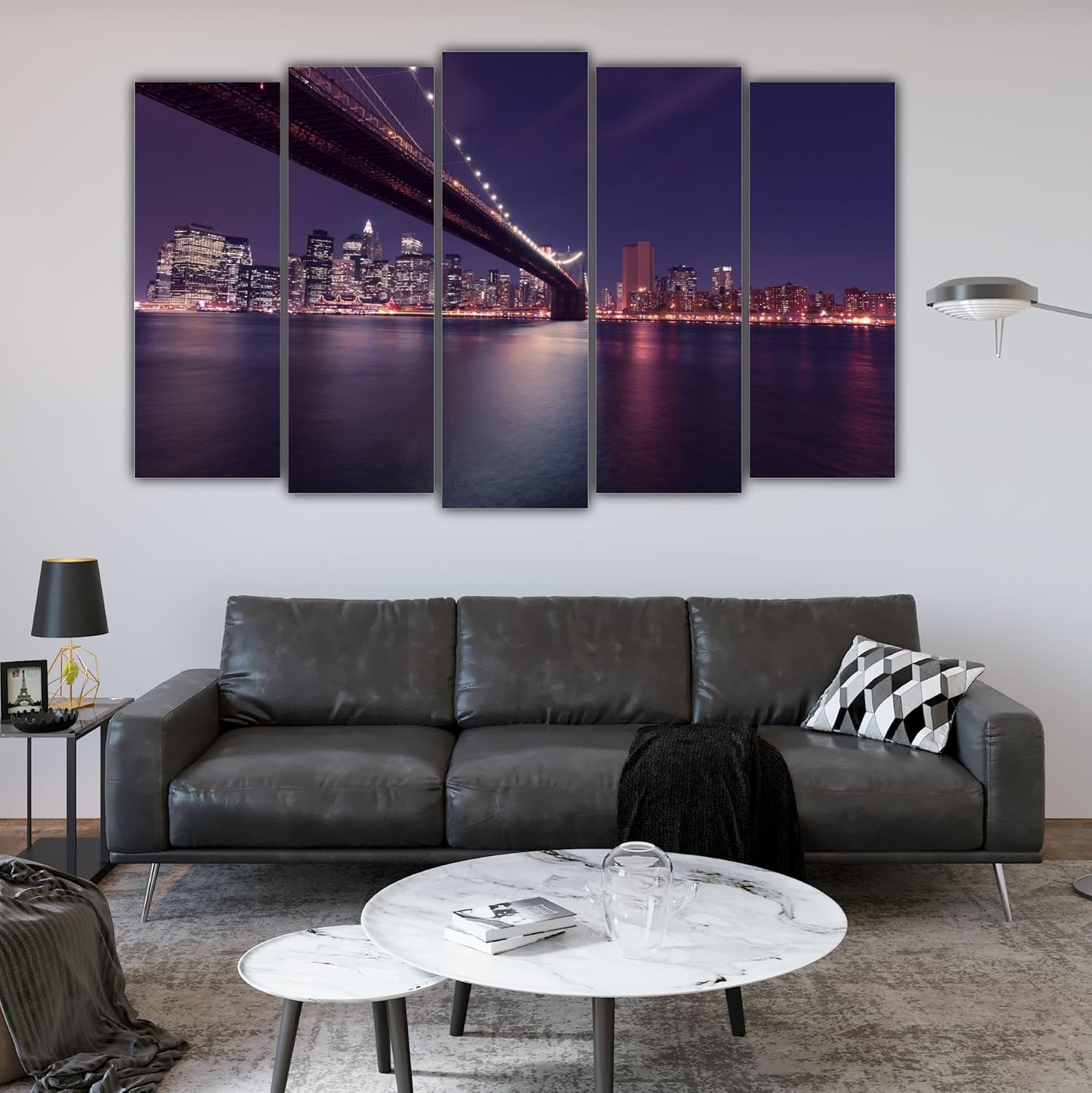 Close-up of Bridge the View Framed Brooklyn Bridge Wall Art showing detailed cityscape across panels