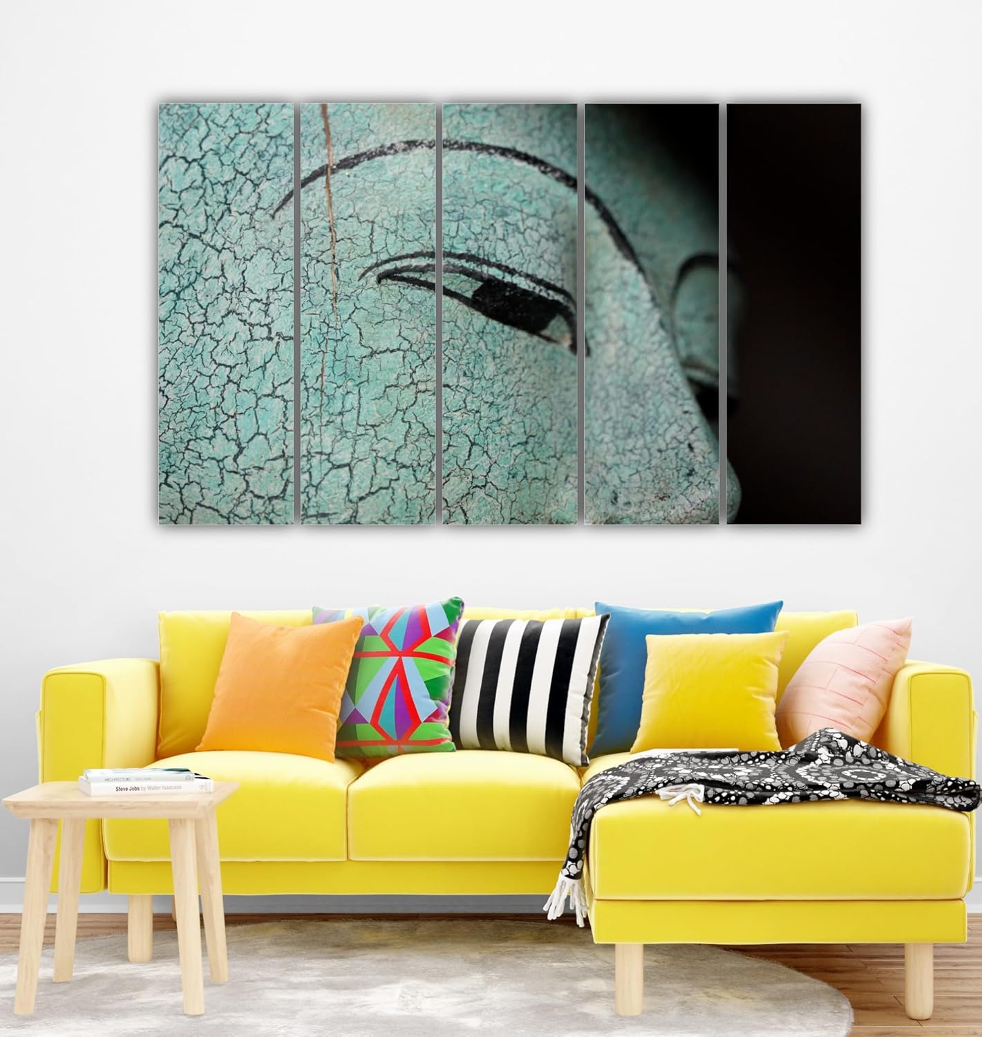 Close-up of framed Buddha multi-panel Wall Art showcasing vivid splash-proof prints