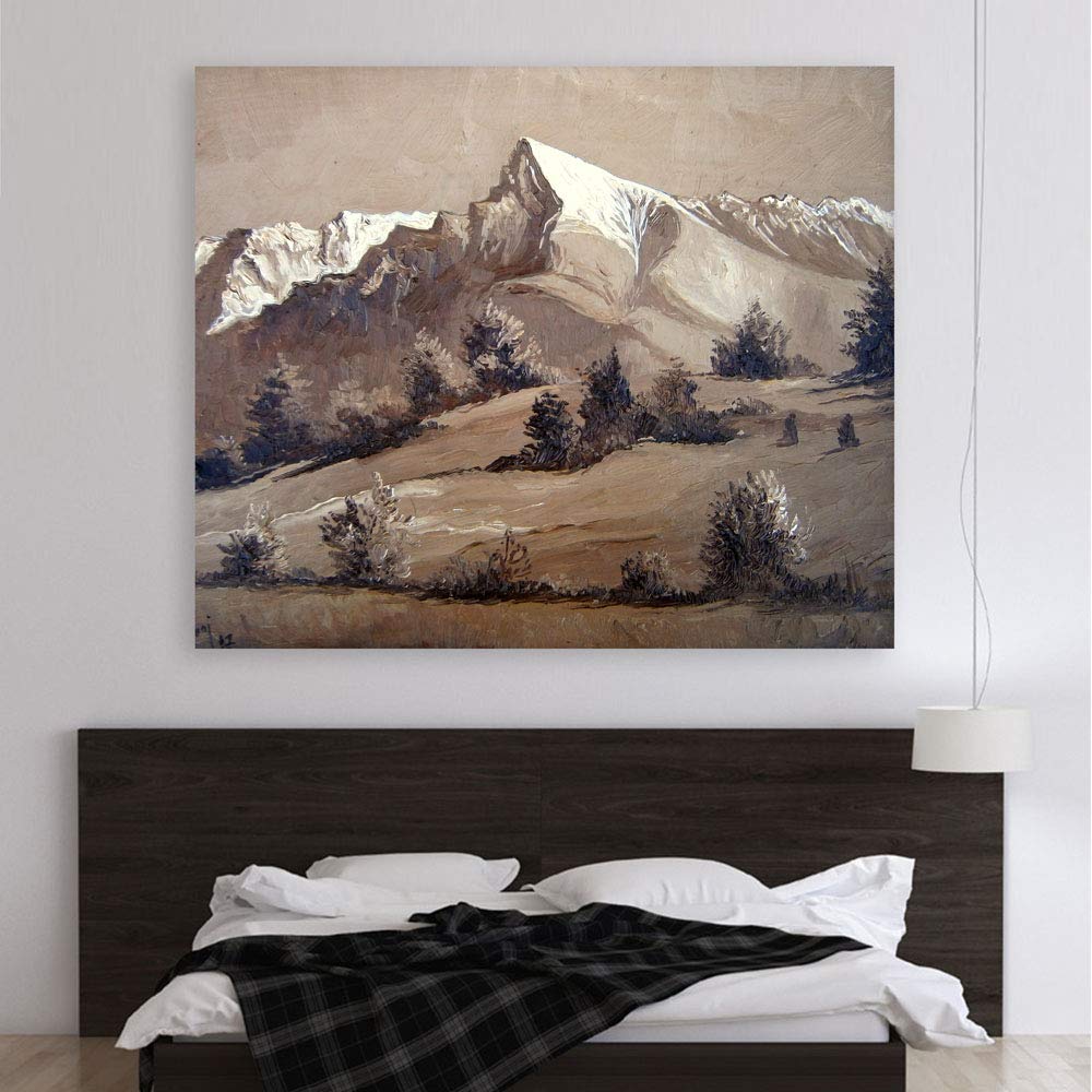 Mountain Majesty: Matte Canvas Unframed Wall Art showcasing a serene mountain landscape in earthy tones