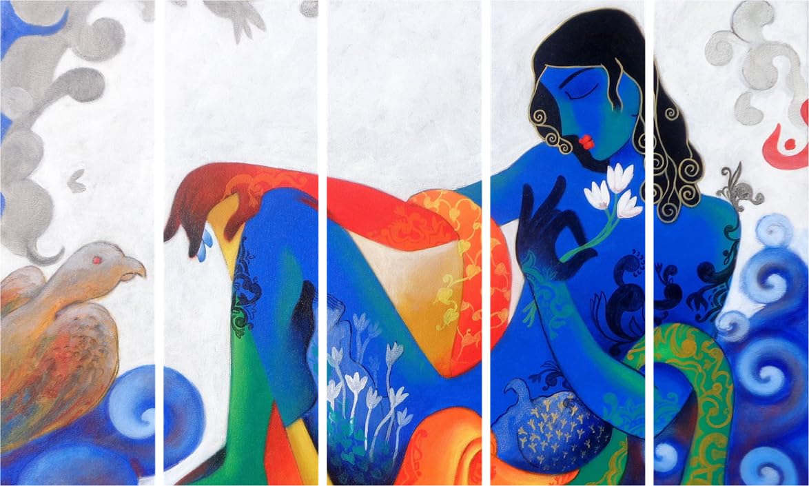 Krishna Kaleido-Fest: Framed Wall Art That Steals the Show in vibrant multi-color panels mounted above a sofa.