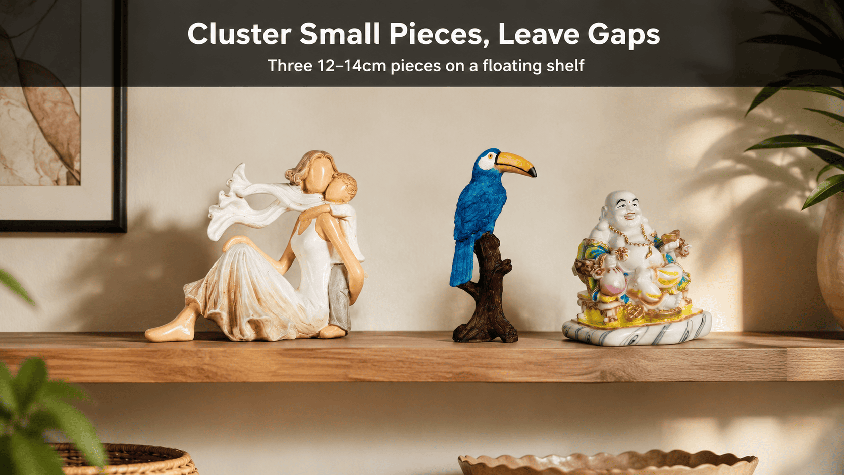 Small decorative pieces grouped on a floating shelf in a cluster