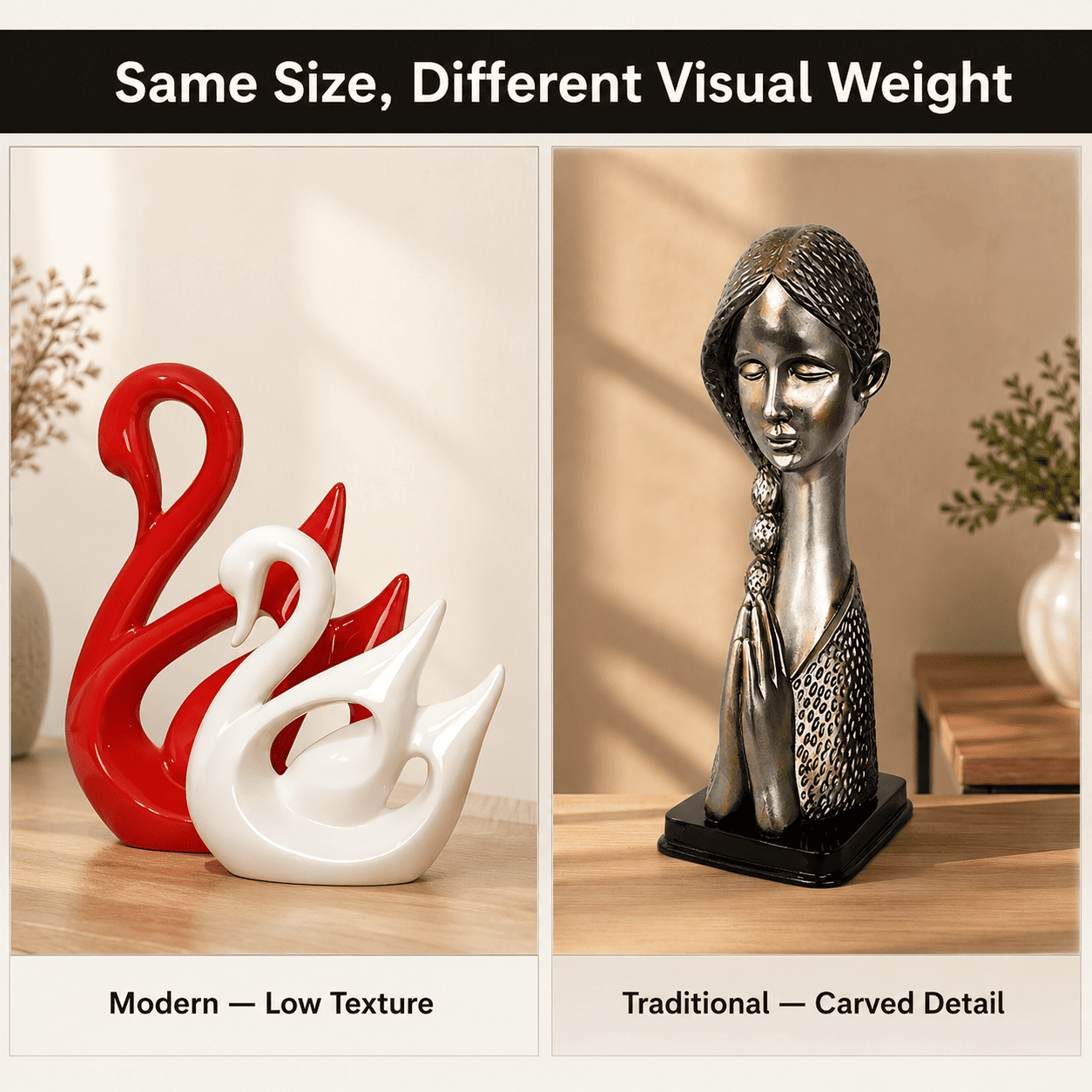 side by side comparison modern and traditional showpiece