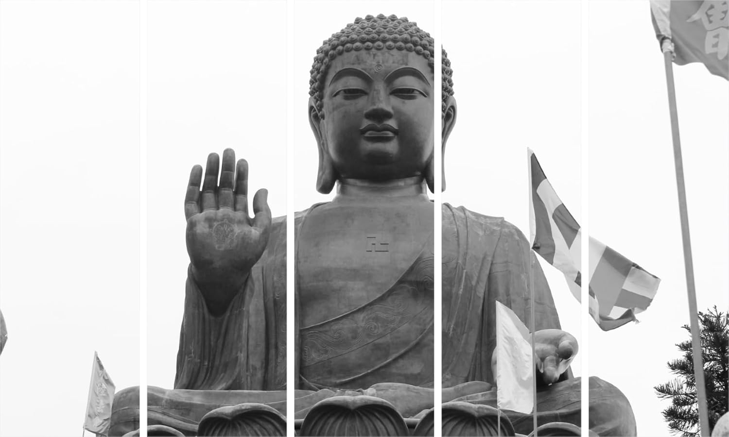 Buddha-tiful 5-Panel Framed Wall Art displayed above a cozy sofa