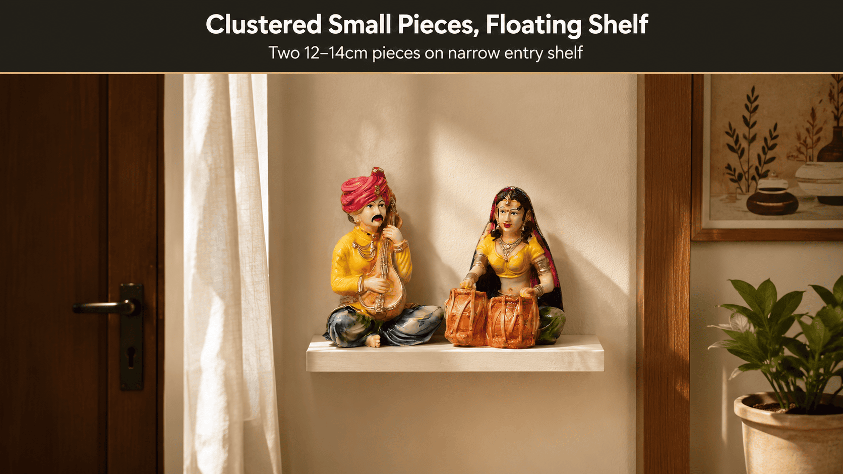 Small clustered decor pieces on a floating entryway shelf