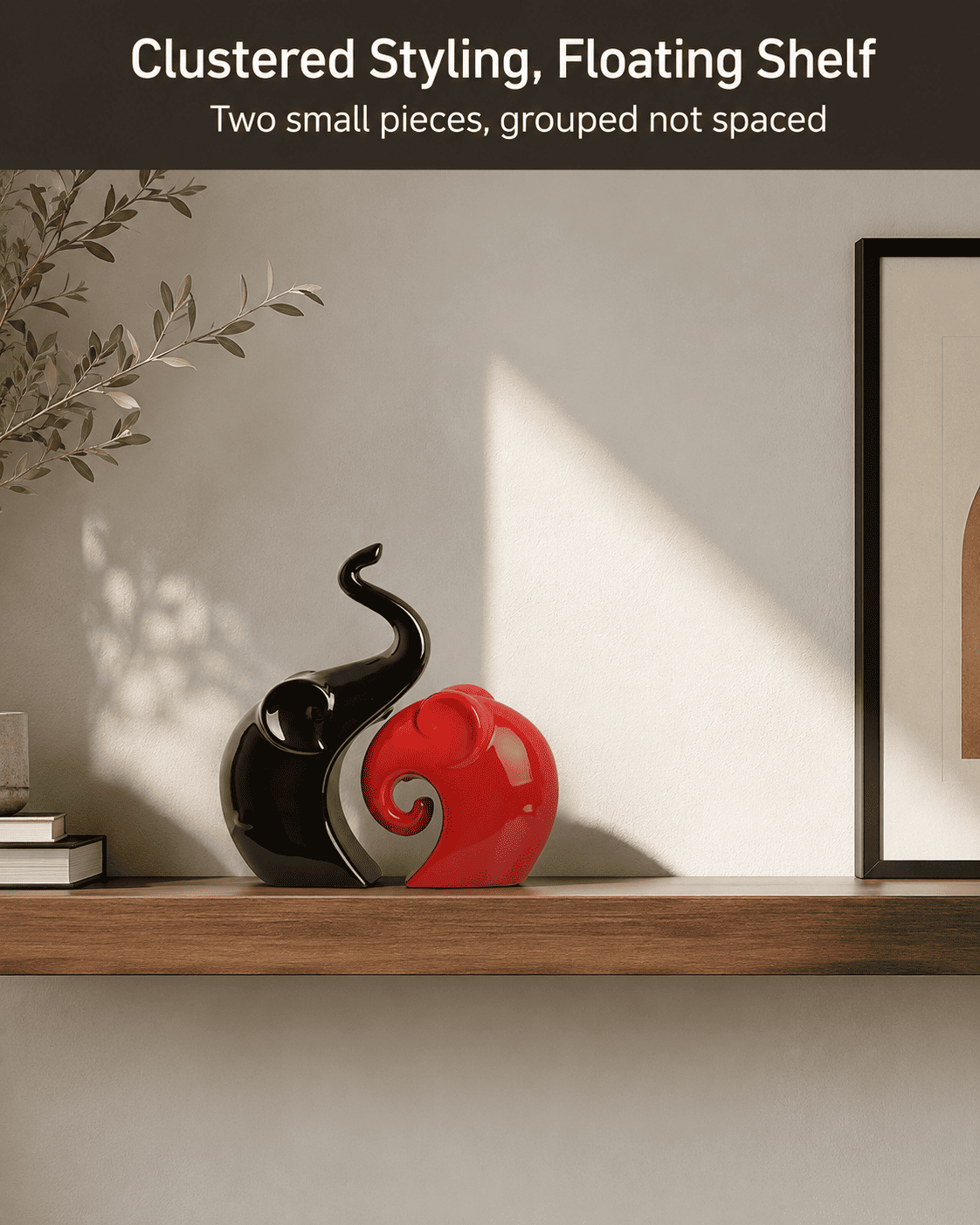 Two small decorative pieces clustered on a floating shelf