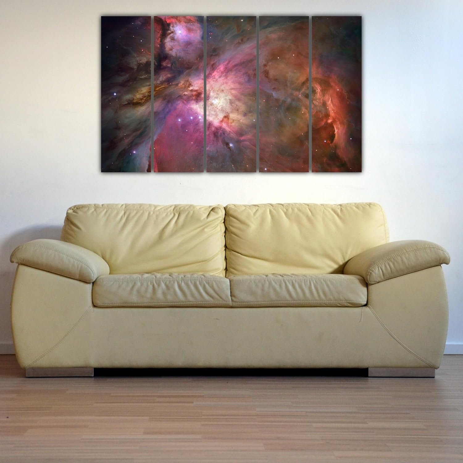 Five-panel Space Odyssey Vinyl Photography Framed Wall Art installed above a modern sofa