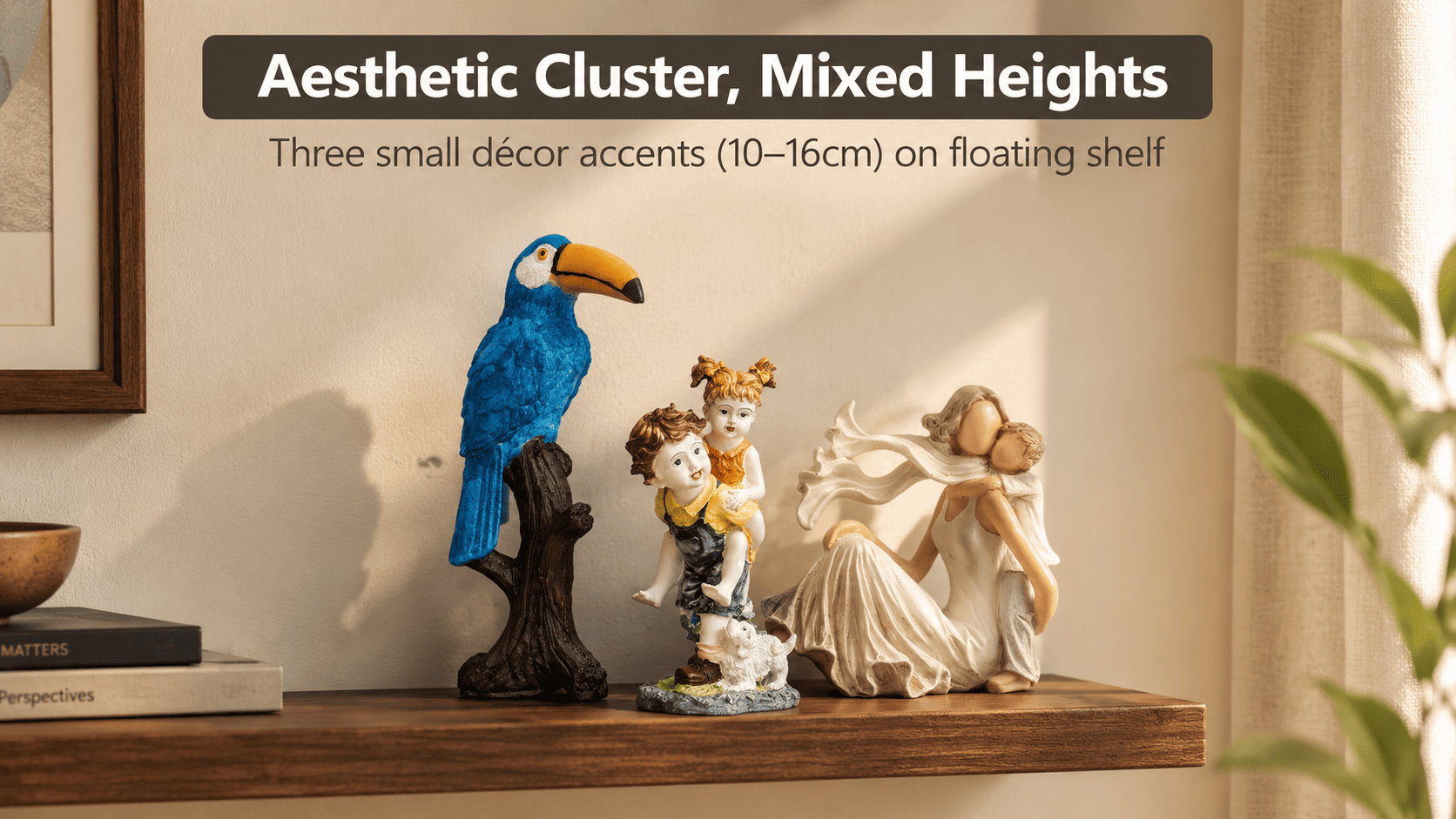 cluster of small decor pieces on a floating shelf