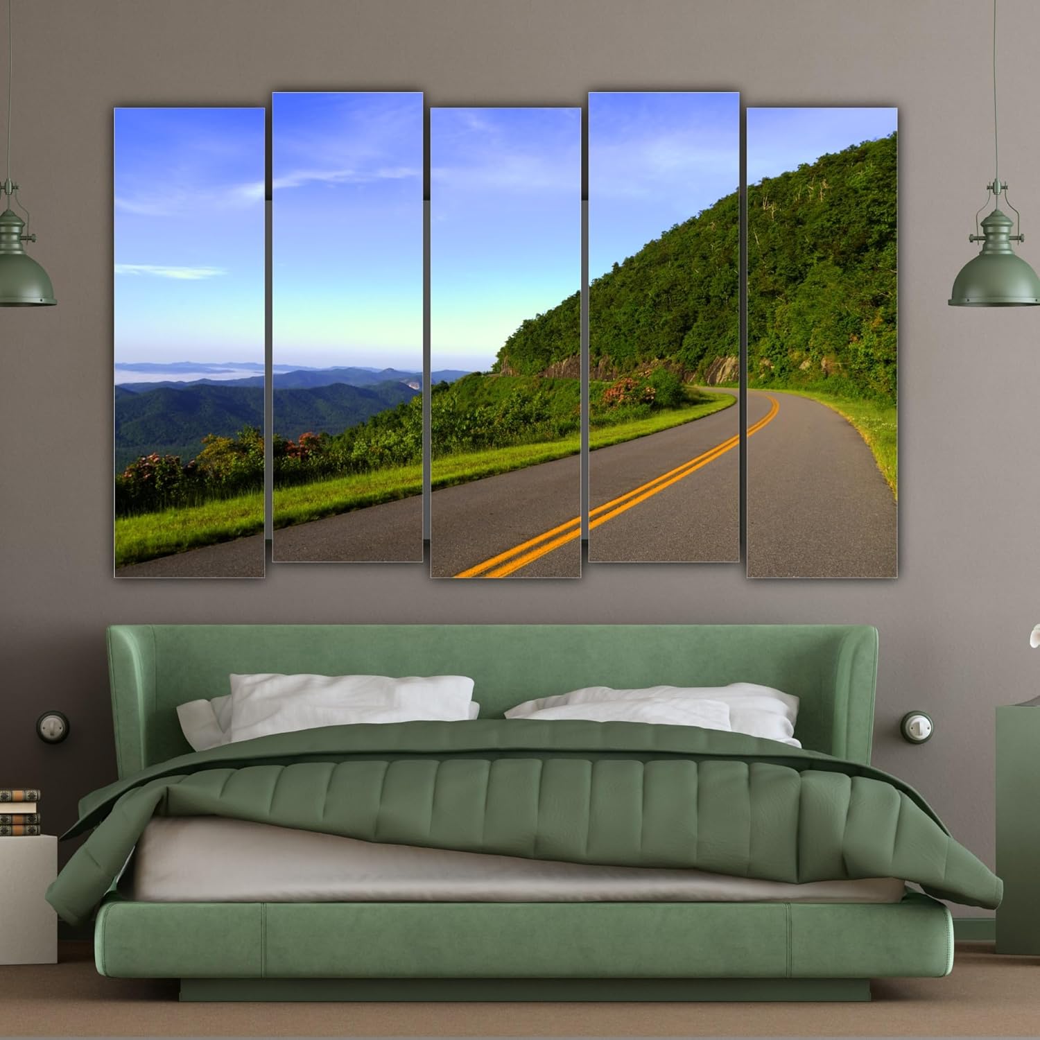 Close-up of multi-panel road painting showcasing vibrant framed wall art.