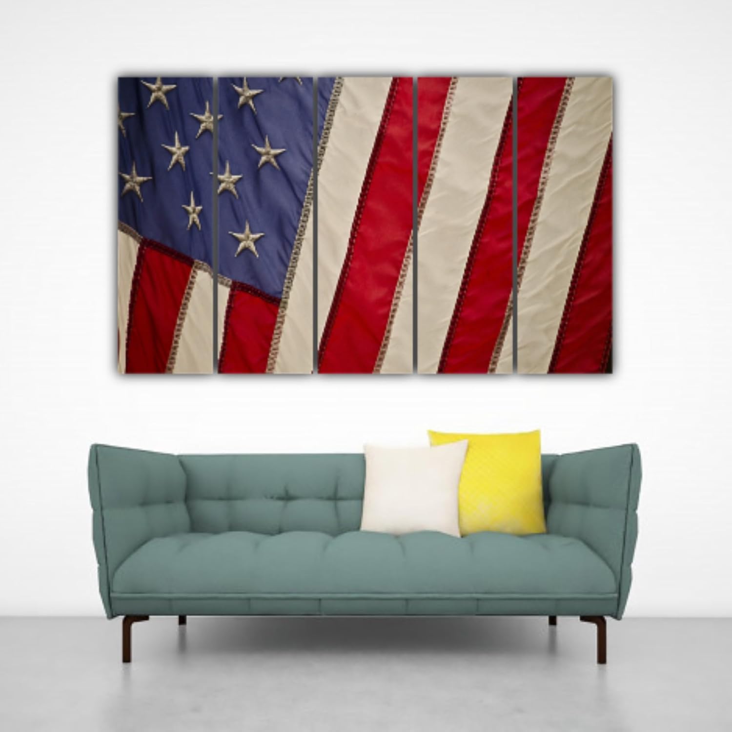 Multi-frame Wall Art featuring vivid USA flag photography in a modern living room.