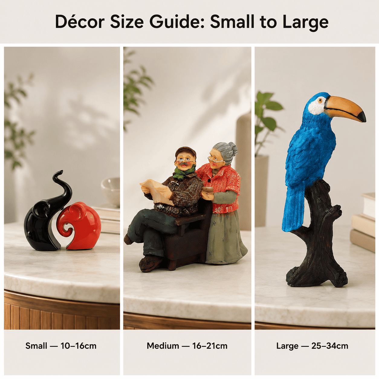 size and finish comparison grid of small, medium, and large décor pieces