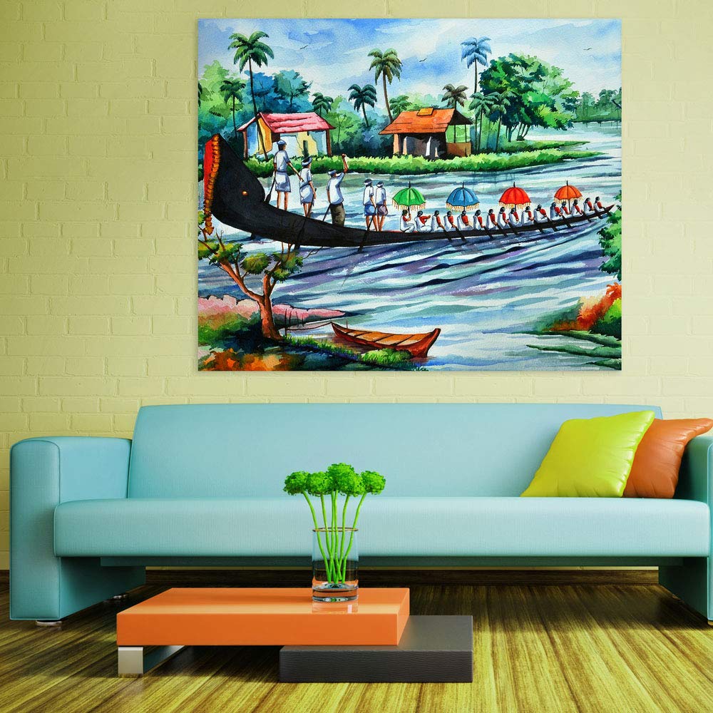 Countryside Cruise: Unframed Village Boat Wall Art showing a lone boat gliding by a green riverside