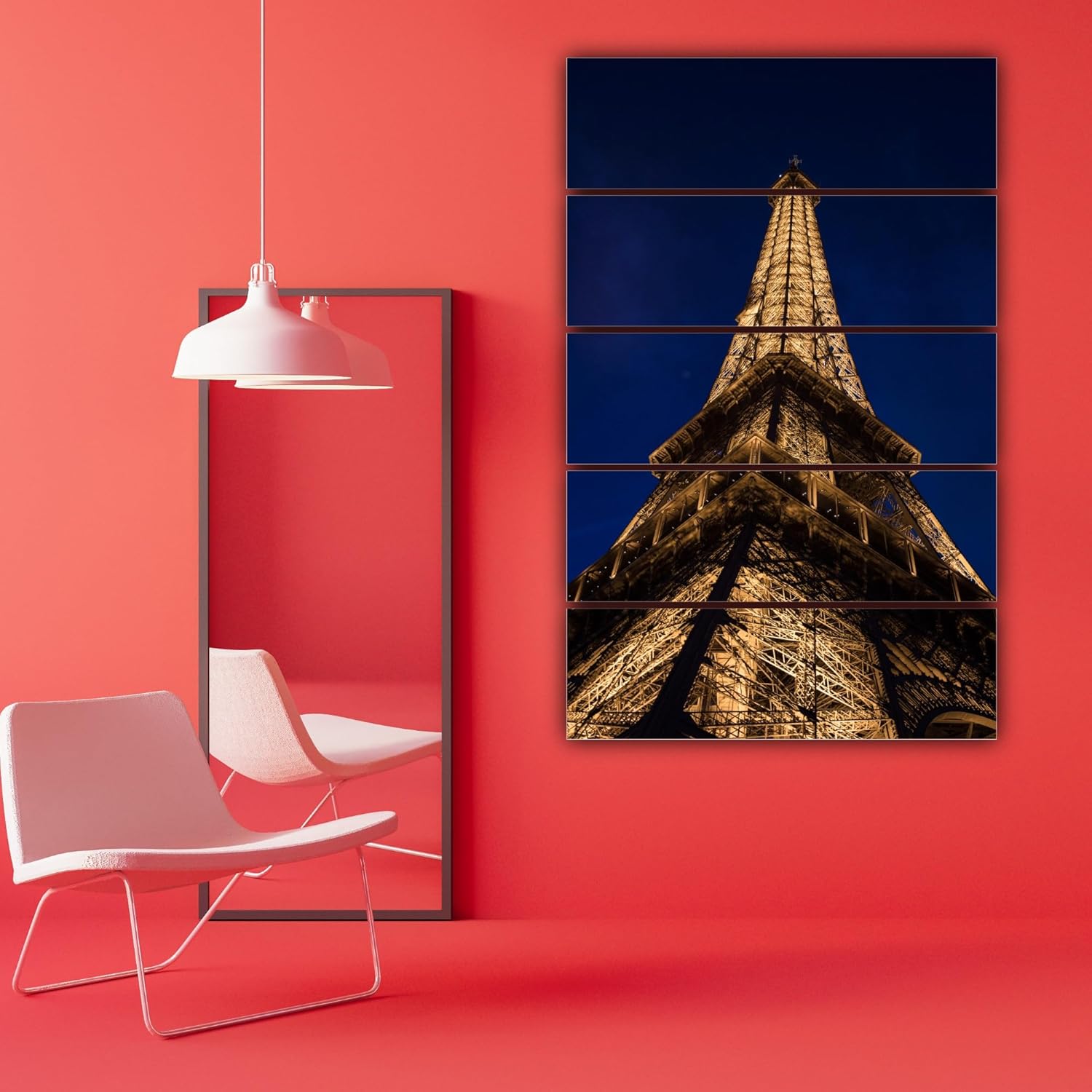 Close-up of the vibrant orange Eiffel Tower wall art in multi-frame arrangement ready to hang