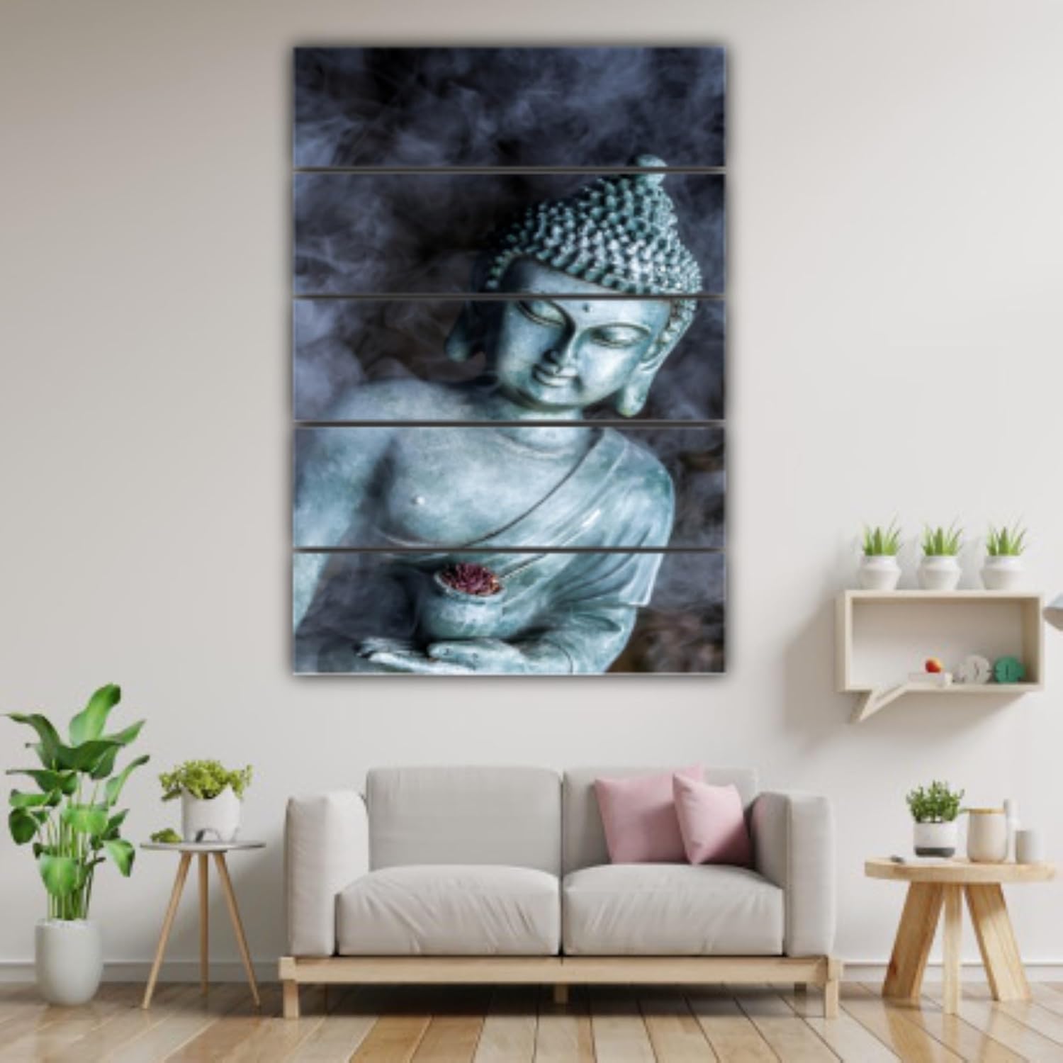Living room wall featuring the Buddha-tiful 5-Panel Framed Wall Art hung above a couch, radiating calm vibes.